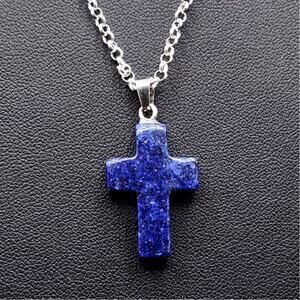 925 Silver Necklace W/ Blue Agate Cross Stone Boho Anniversary Birthday Gift